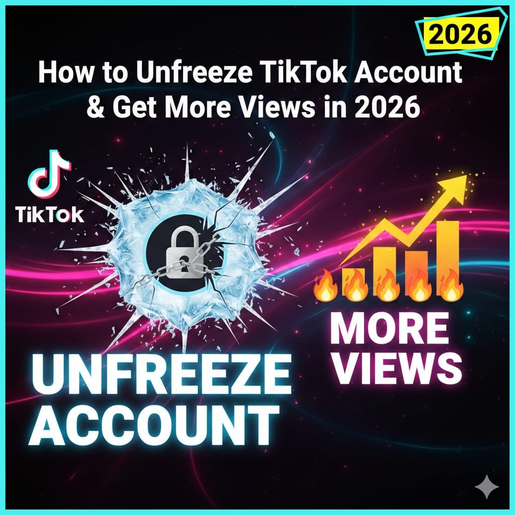 How to unfreeze TikTok account and get more views in 2026 – frozen TikTok logo breaking ice with growth graph