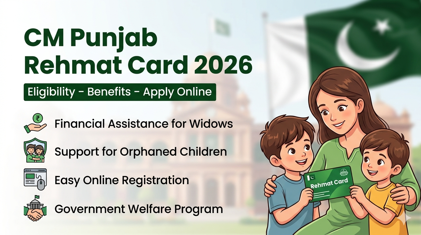 Punjab government Rehmat Card 2026 program illustration with mother and children showing financial aid and social welfare benefits,pakalljob.com